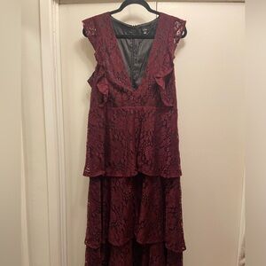 Lulus Burgundy Lace Ruffled Tiered Sleeveless Maxi Dress